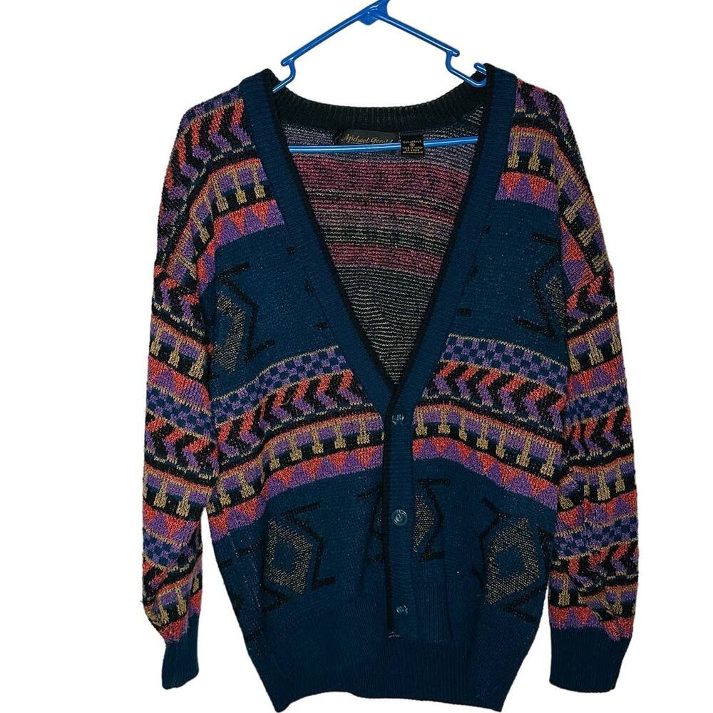 Vintage 80s/90s Michael Gerald Multicolor Geometric Cardigan Sweater Size Small